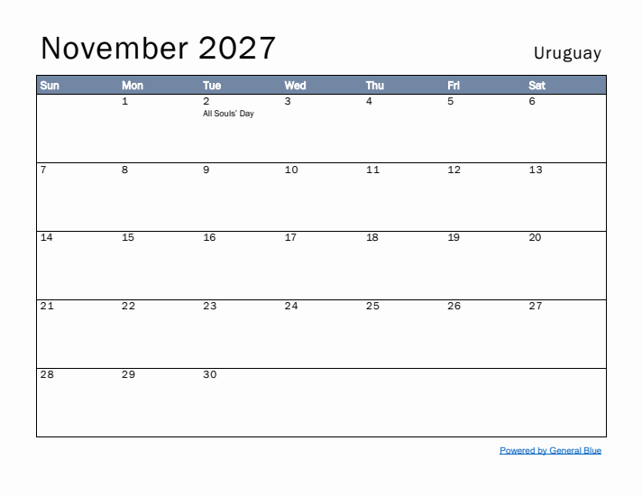 November 2027 Simple Monthly Calendar for Uruguay