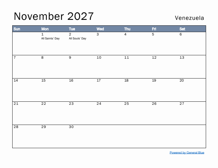 November 2027 Simple Monthly Calendar for Venezuela