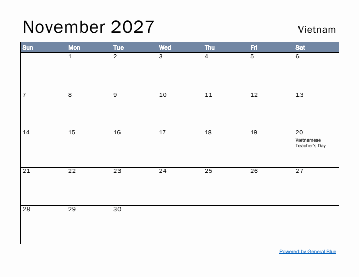 November 2027 Simple Monthly Calendar for Vietnam