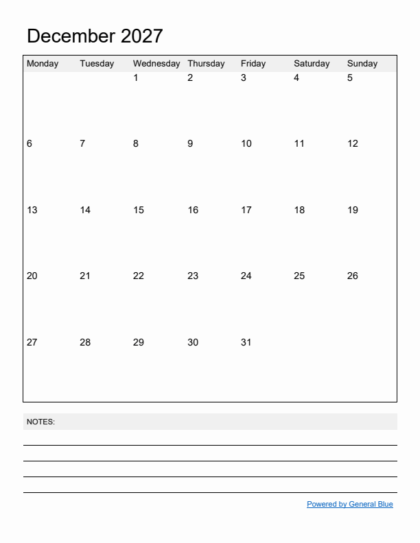 Basic Monthly Calendar Template for December 2027