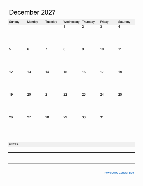 Basic Monthly Calendar Template for December 2027