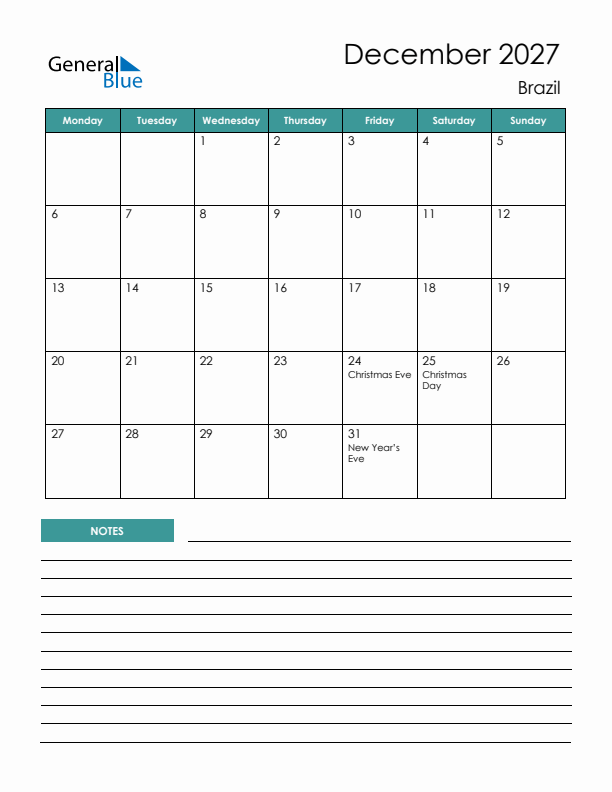 Calendar with Notes Printable - Monday Start