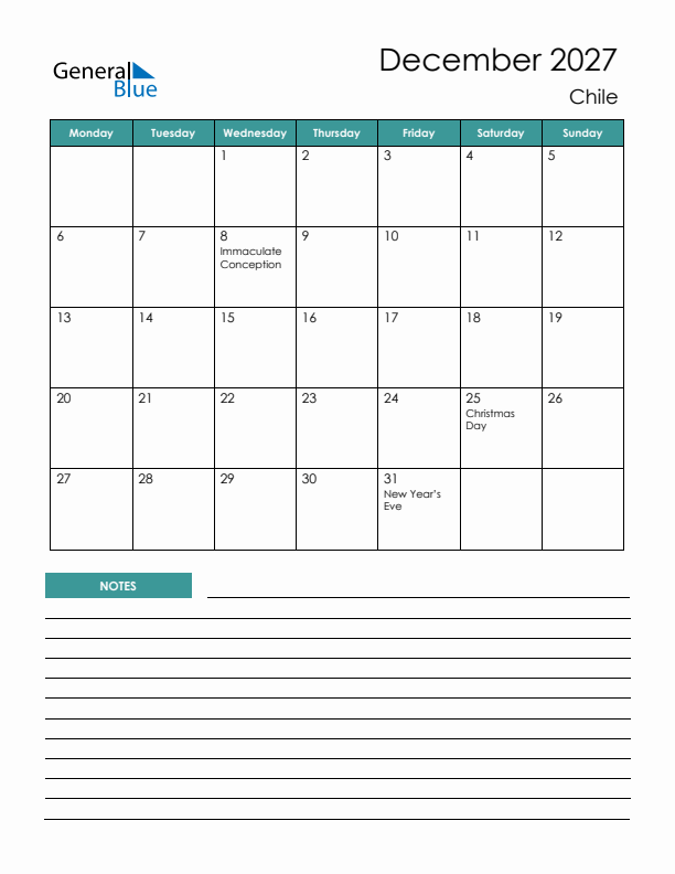 Calendar with Notes Printable - Monday Start