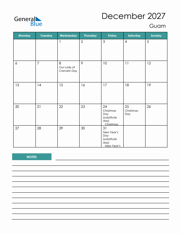 Calendar with Notes Printable - Monday Start