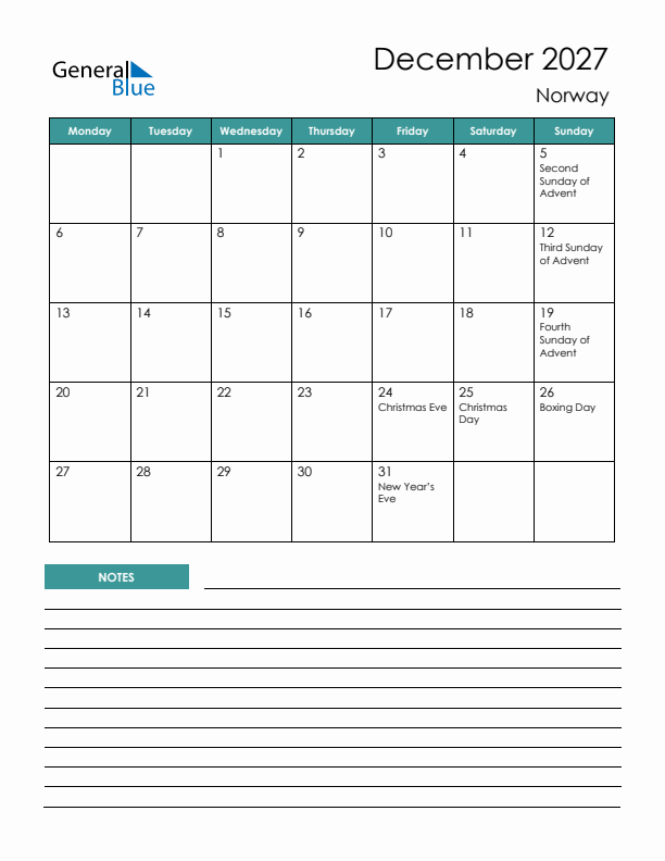 Calendar with Notes Printable - Monday Start