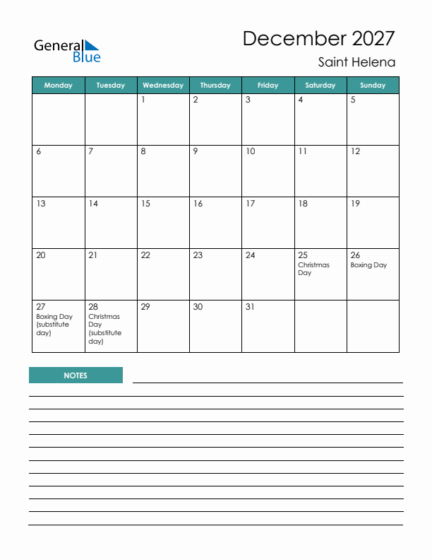 Calendar with Notes Printable - Monday Start