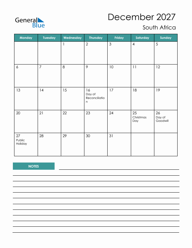 Calendar with Notes Printable - Monday Start