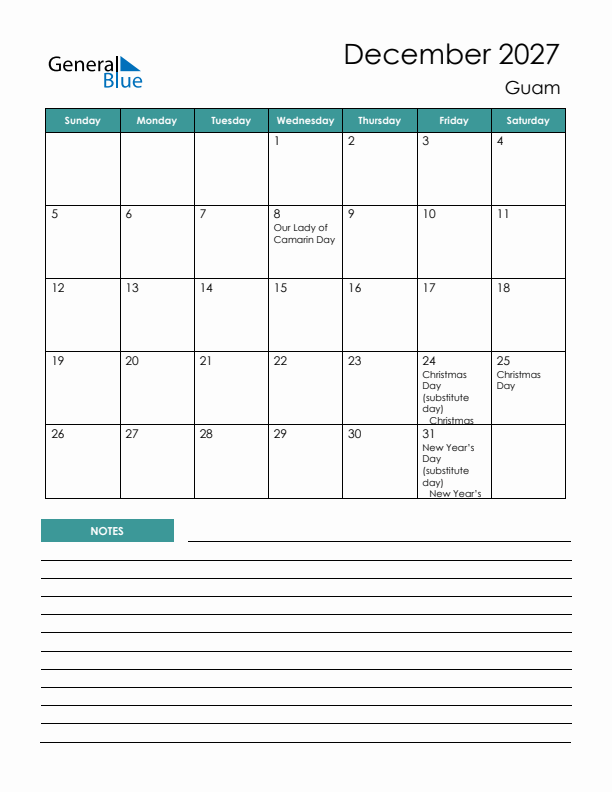 Calendar with Notes Printable - Sunday Start