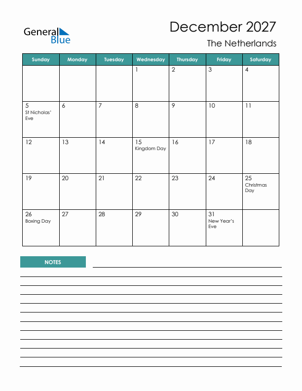 Calendar with Notes Printable - Sunday Start