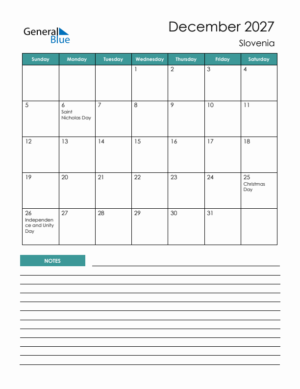 Calendar with Notes Printable - Sunday Start