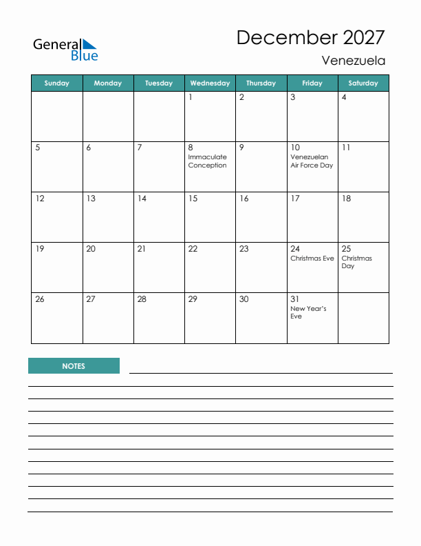 Calendar with Notes Printable - Sunday Start