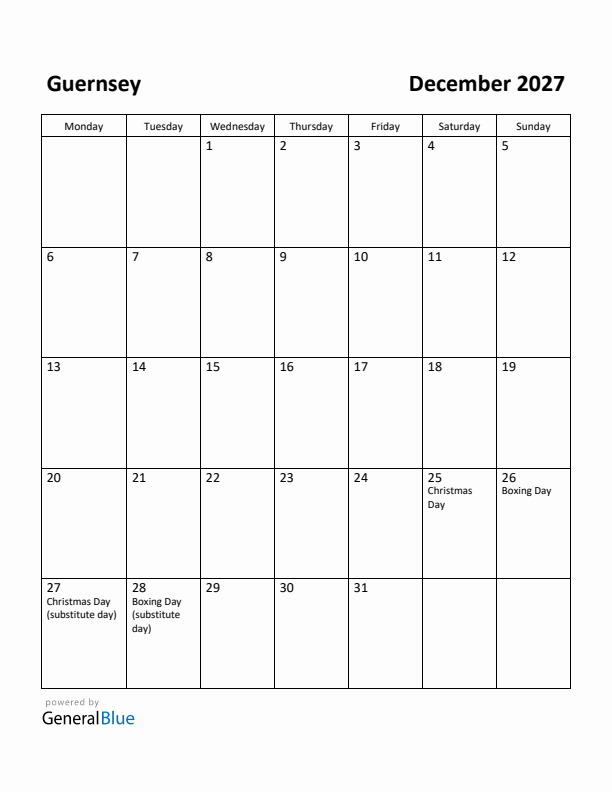 December 2027 Calendar with Guernsey Holidays