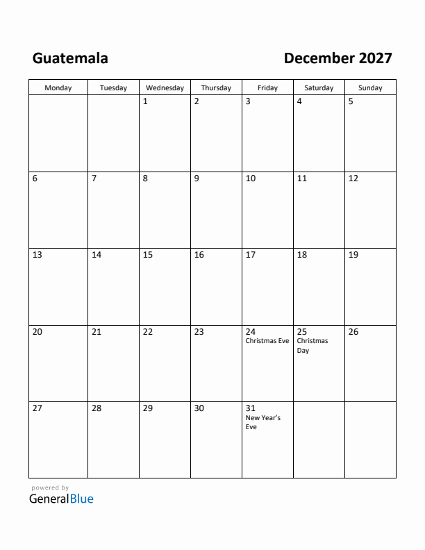 December 2027 Calendar with Guatemala Holidays