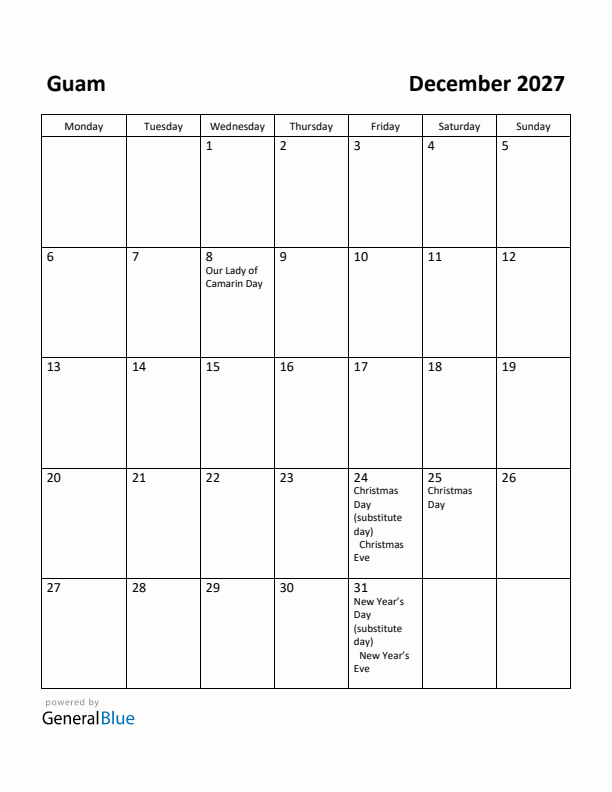 December 2027 Calendar with Guam Holidays