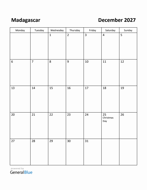 December 2027 Calendar with Madagascar Holidays