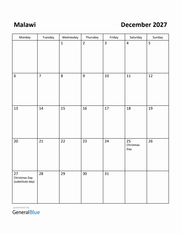 December 2027 Calendar with Malawi Holidays