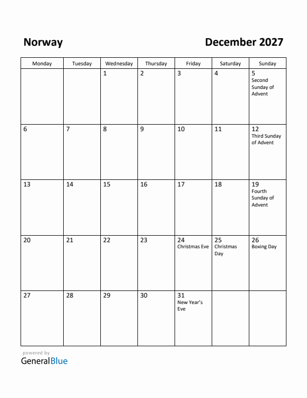 December 2027 Calendar with Norway Holidays