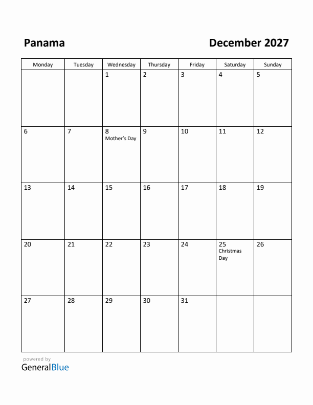 December 2027 Calendar with Panama Holidays