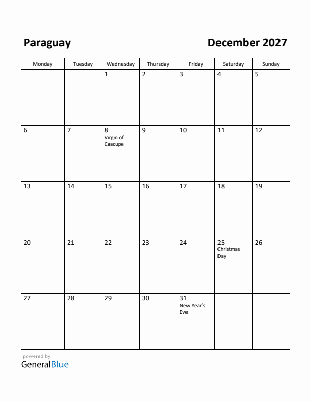 December 2027 Calendar with Paraguay Holidays