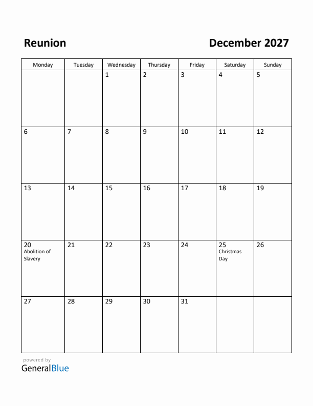 December 2027 Calendar with Reunion Holidays