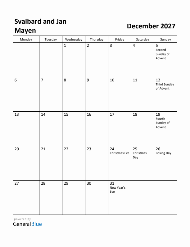 December 2027 Calendar with Svalbard and Jan Mayen Holidays