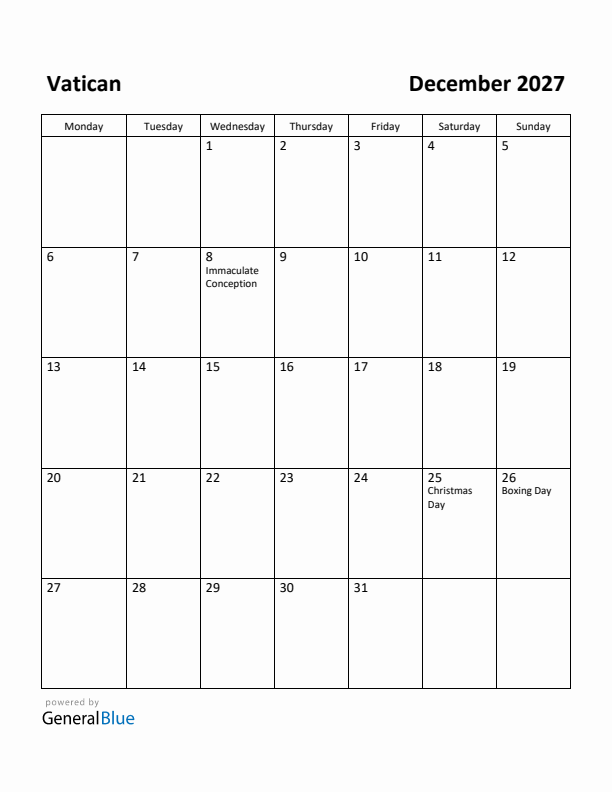 December 2027 Calendar with Vatican Holidays