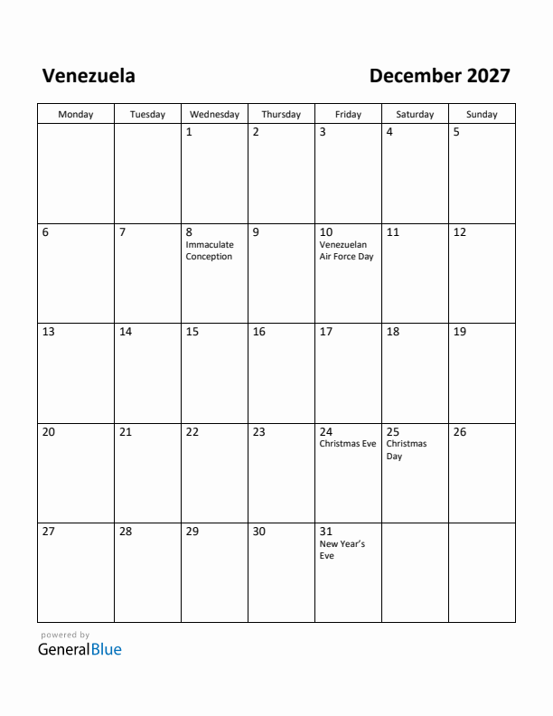 December 2027 Calendar with Venezuela Holidays