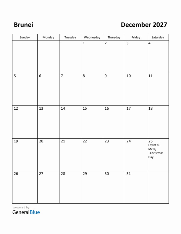 December 2027 Calendar with Brunei Holidays