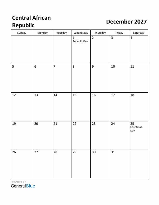 December 2027 Calendar with Central African Republic Holidays