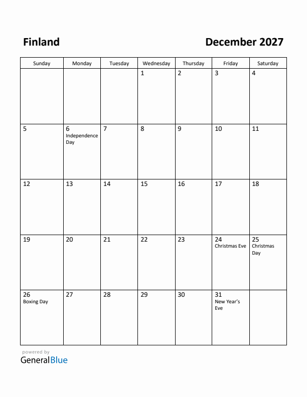 December 2027 Calendar with Finland Holidays