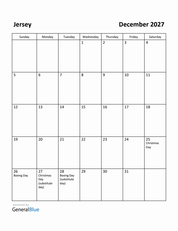 December 2027 Calendar with Jersey Holidays