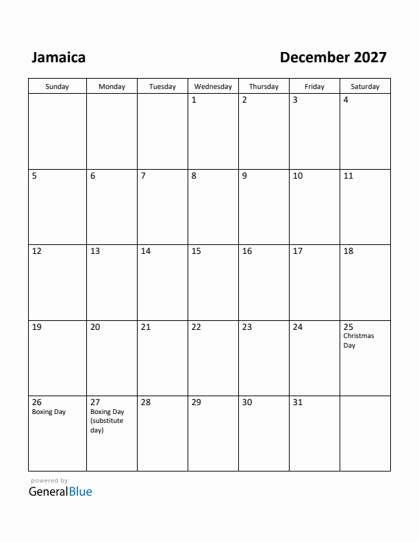 December 2027 Calendar with Jamaica Holidays