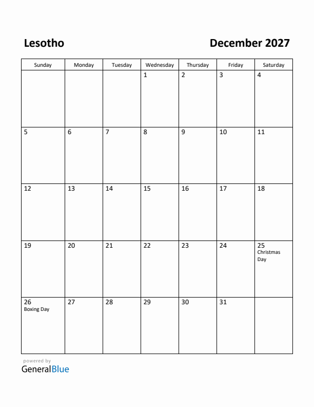 December 2027 Calendar with Lesotho Holidays