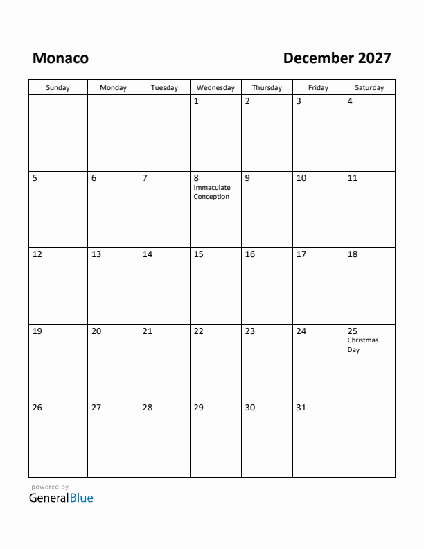 December 2027 Calendar with Monaco Holidays