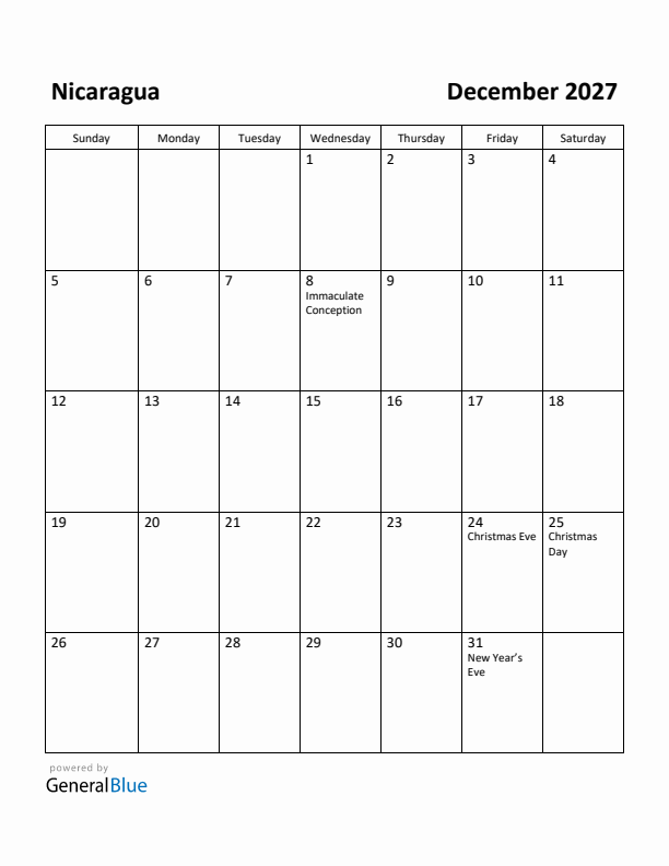 December 2027 Calendar with Nicaragua Holidays