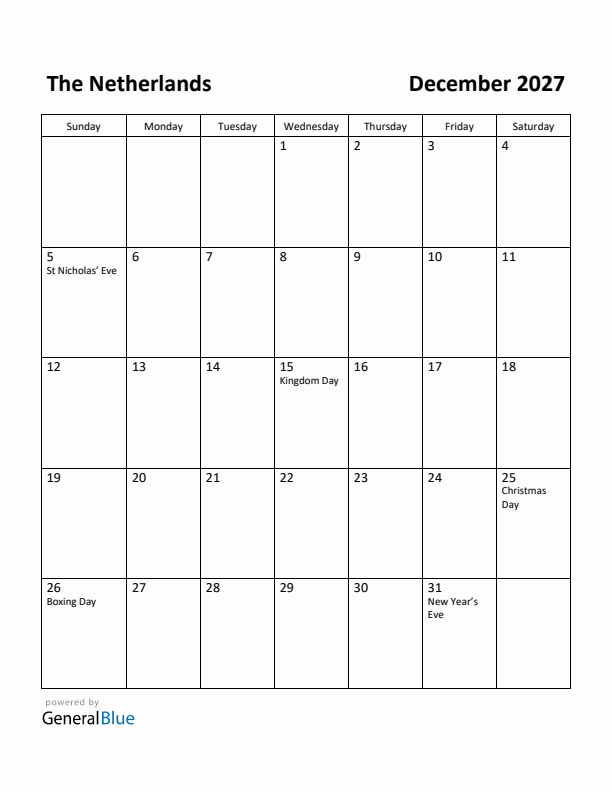 December 2027 Calendar with The Netherlands Holidays