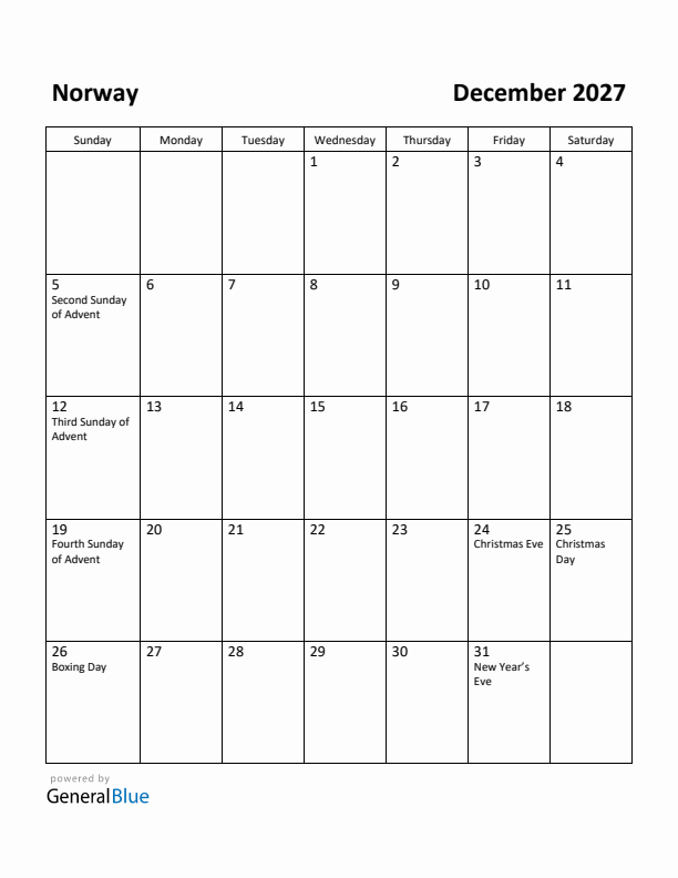 December 2027 Calendar with Norway Holidays