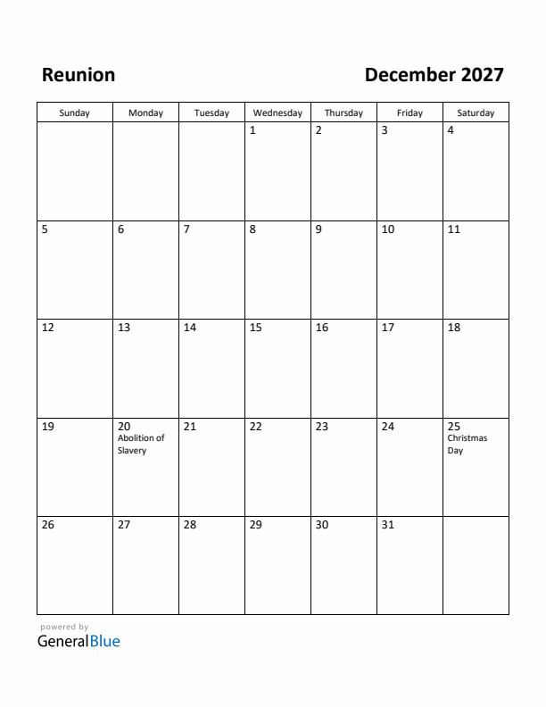 December 2027 Calendar with Reunion Holidays