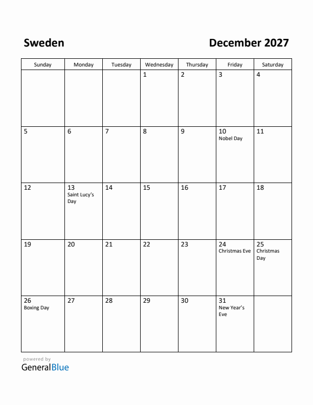 December 2027 Calendar with Sweden Holidays