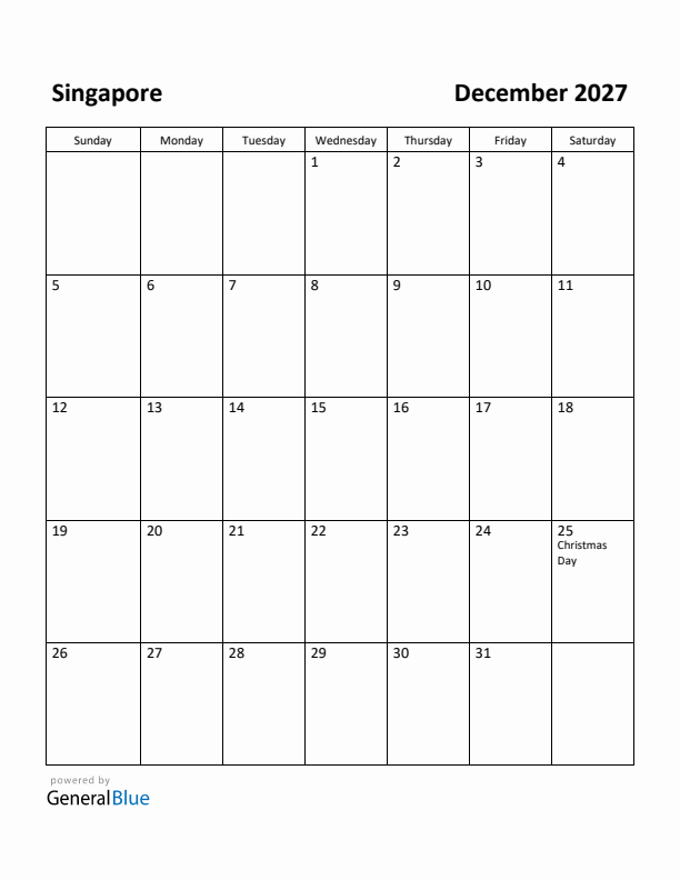 December 2027 Calendar with Singapore Holidays