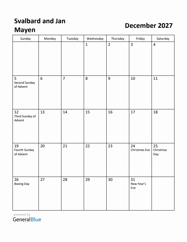 December 2027 Calendar with Svalbard and Jan Mayen Holidays