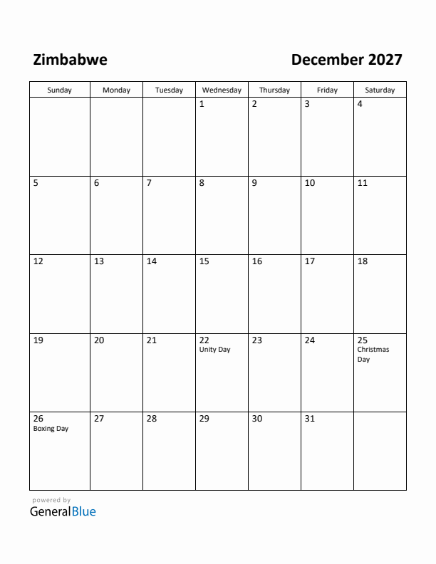 December 2027 Calendar with Zimbabwe Holidays