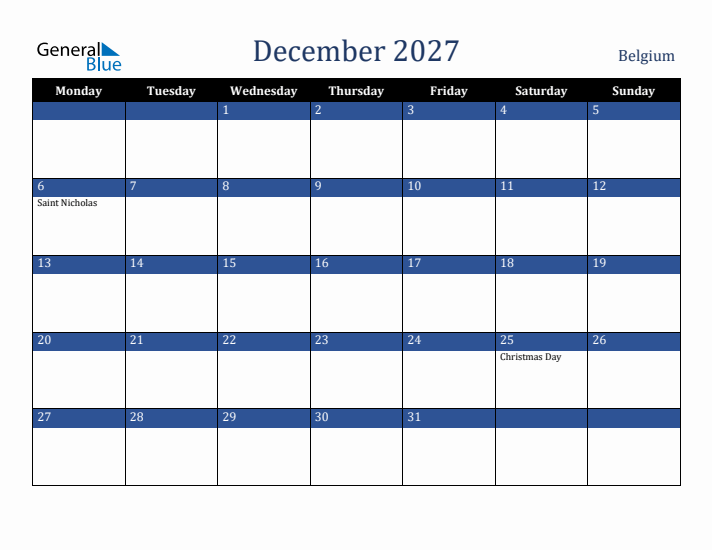 December 2027 Belgium Calendar (Monday Start)