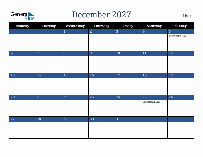 December 2027 Haiti Calendar (Monday Start)