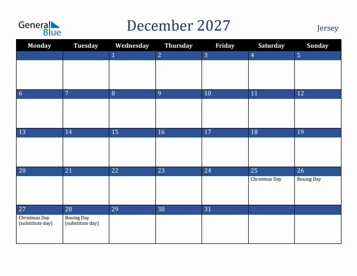 December 2027 Jersey Calendar (Monday Start)