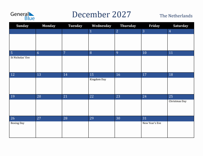 December 2027 The Netherlands Calendar (Sunday Start)