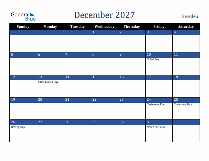 December 2027 Sweden Calendar (Sunday Start)