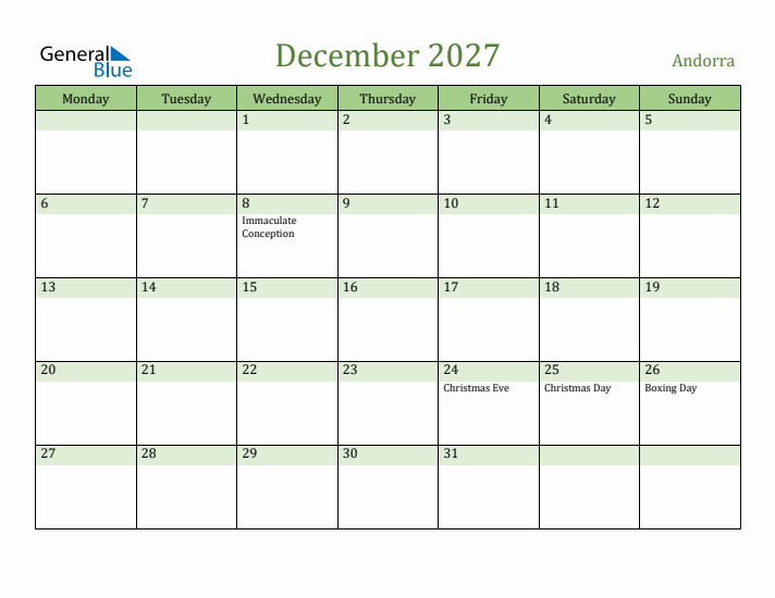 December 2027 Calendar with Andorra Holidays