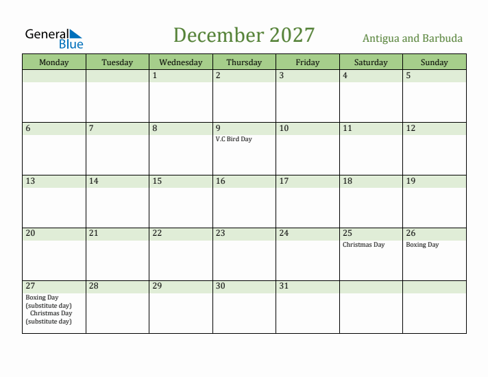 December 2027 Calendar with Antigua and Barbuda Holidays