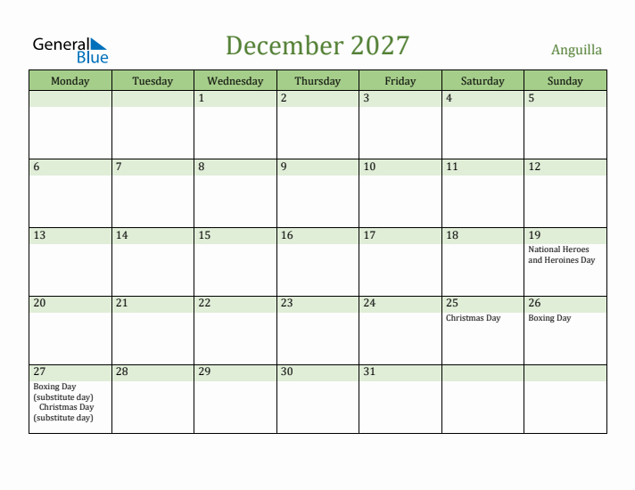 December 2027 Calendar with Anguilla Holidays